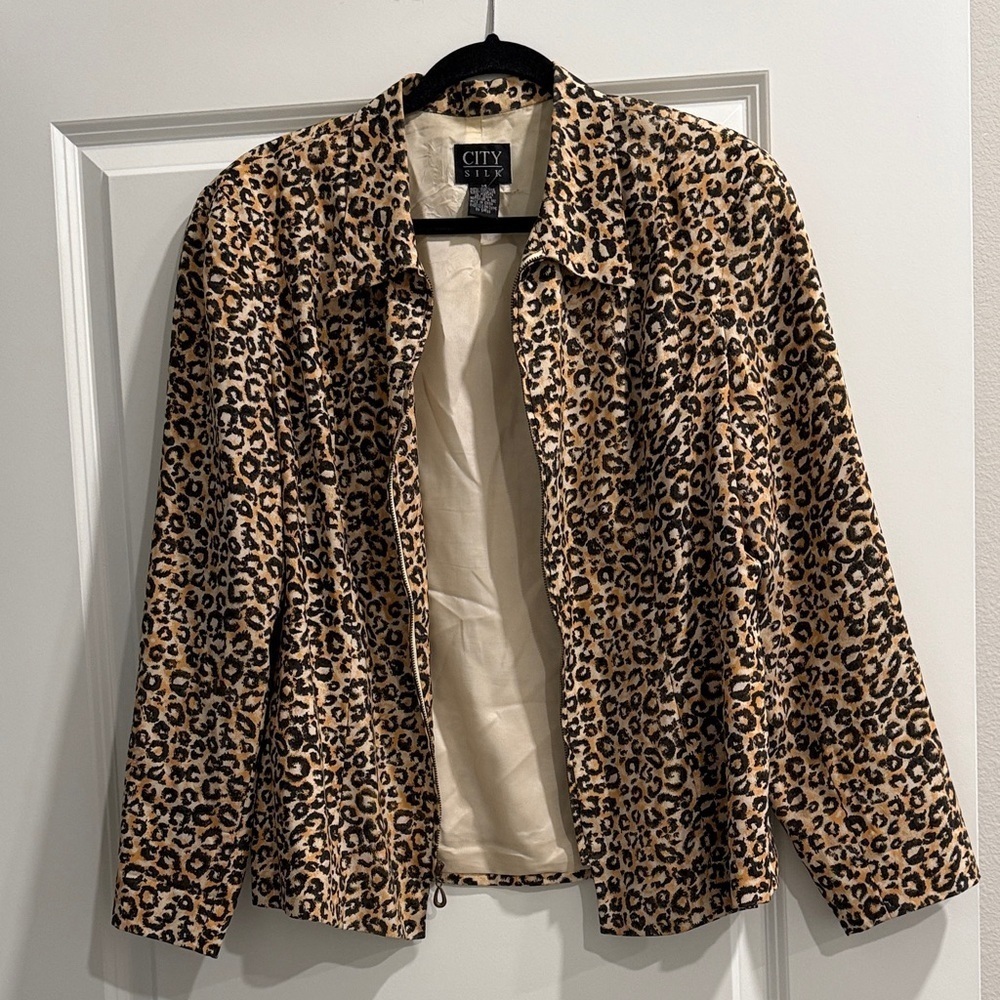 City Silk vintage Leopard Print Women's silk Jacket sz 14 zipper needs repair